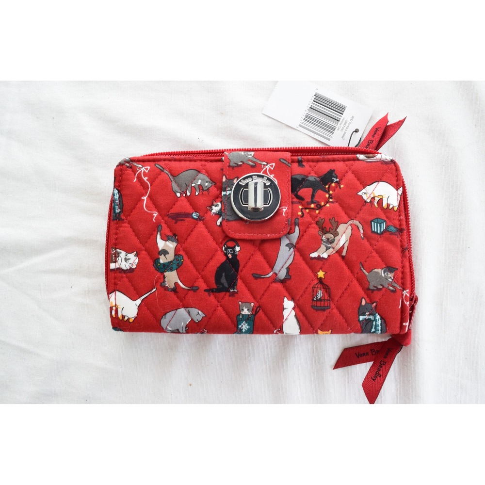 Vera Bradley Turnlock Wallet OS Red Holiday Cats RFID Quilted Cotton Womens New
